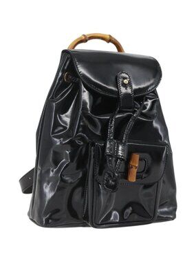 GUCCI Bamboo Backpack Patent leather Black Gold 003 1705 0030